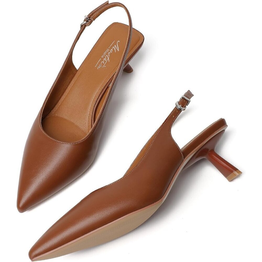 Women's Brown Pu Pointed Toe Pumps Patent Leather Slingback Heels With Buckle - Picture 6 of 9